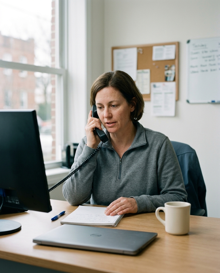 A woman in a grey quarter-zip takes a call on a corded desk phone while reading a notebook at a small office desk.