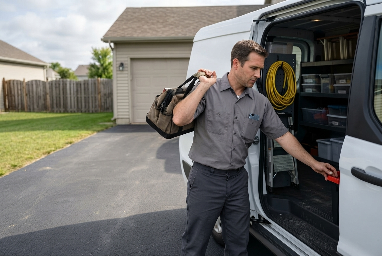 A service worker in a grey work shirt shoulders a tool bag at the open side door of a white work van in a suburban driveway.