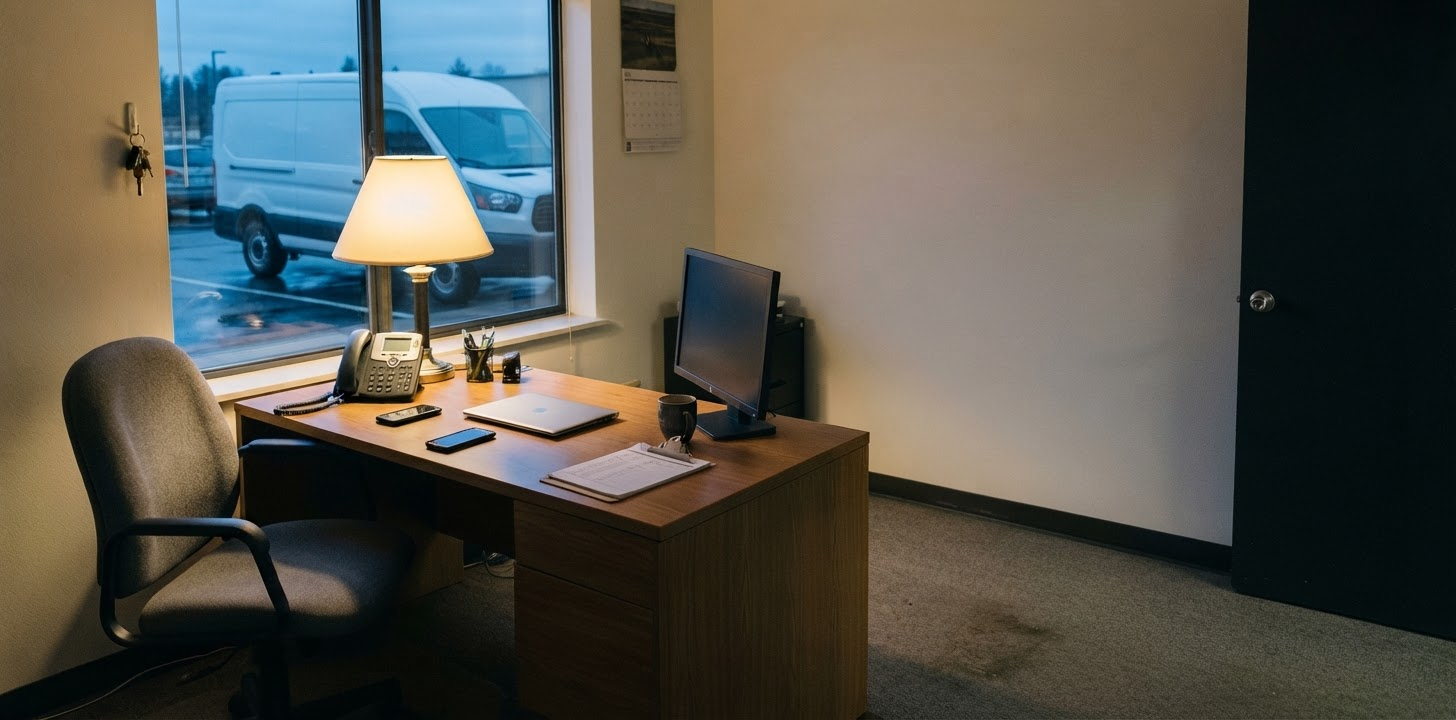 An empty small office at dusk: a pushed-back chair, a desk phone, a smartphone and a closed laptop under a lit desk lamp, a white work van parked outside the window.