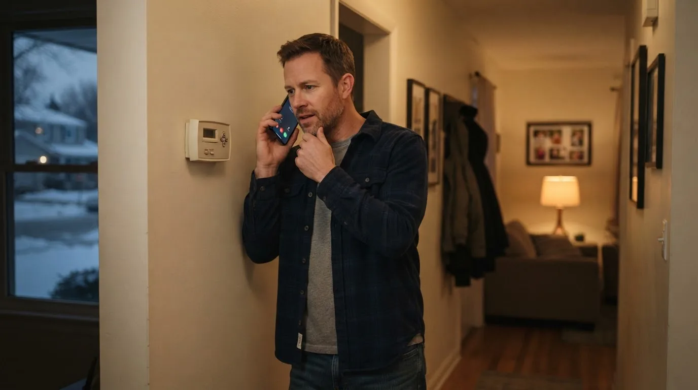 Homeowner calling an HVAC company after his heat stops working at night.