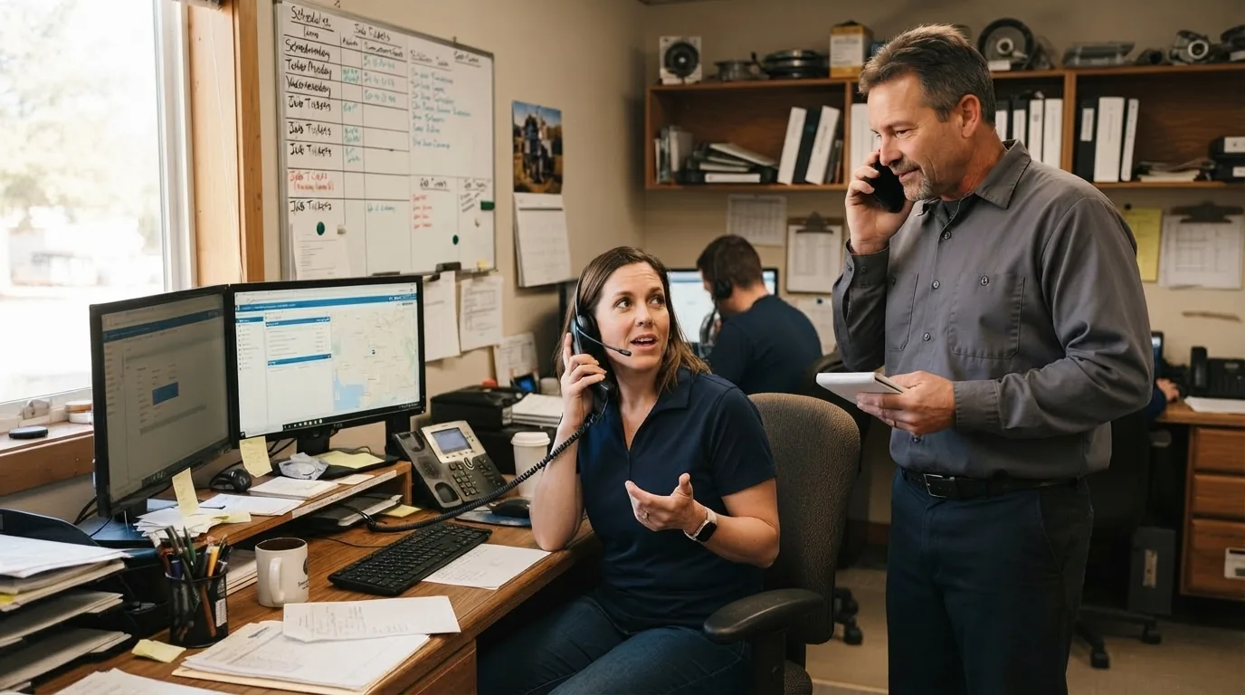 HVAC office coordinator handing a customer call to a service manager.