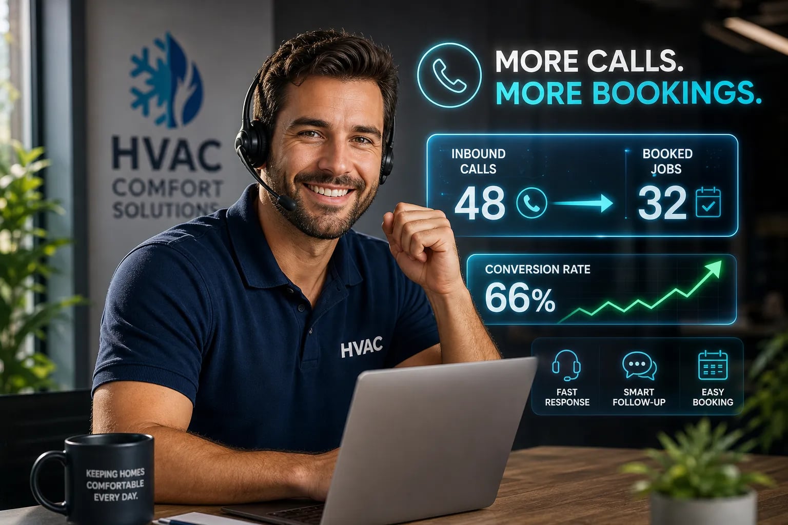 HVAC dispatcher at a laptop with a headset, showing more calls turning into booked jobs