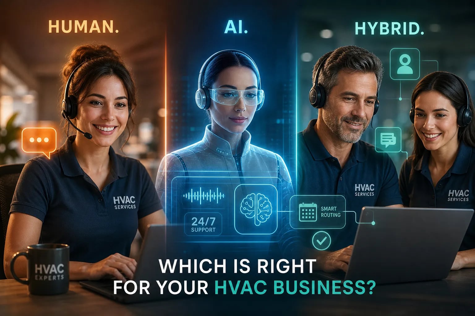 Featured illustration for: Virtual Receptionist for HVAC: Human, AI, or Hybrid?